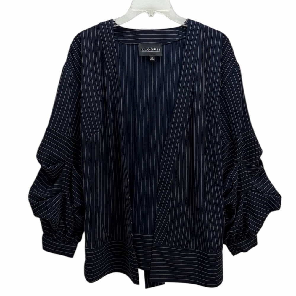 Eloquii Navy Pinstripe Open Blazer With‎ Belt 16 Balloon Puff Sleeves